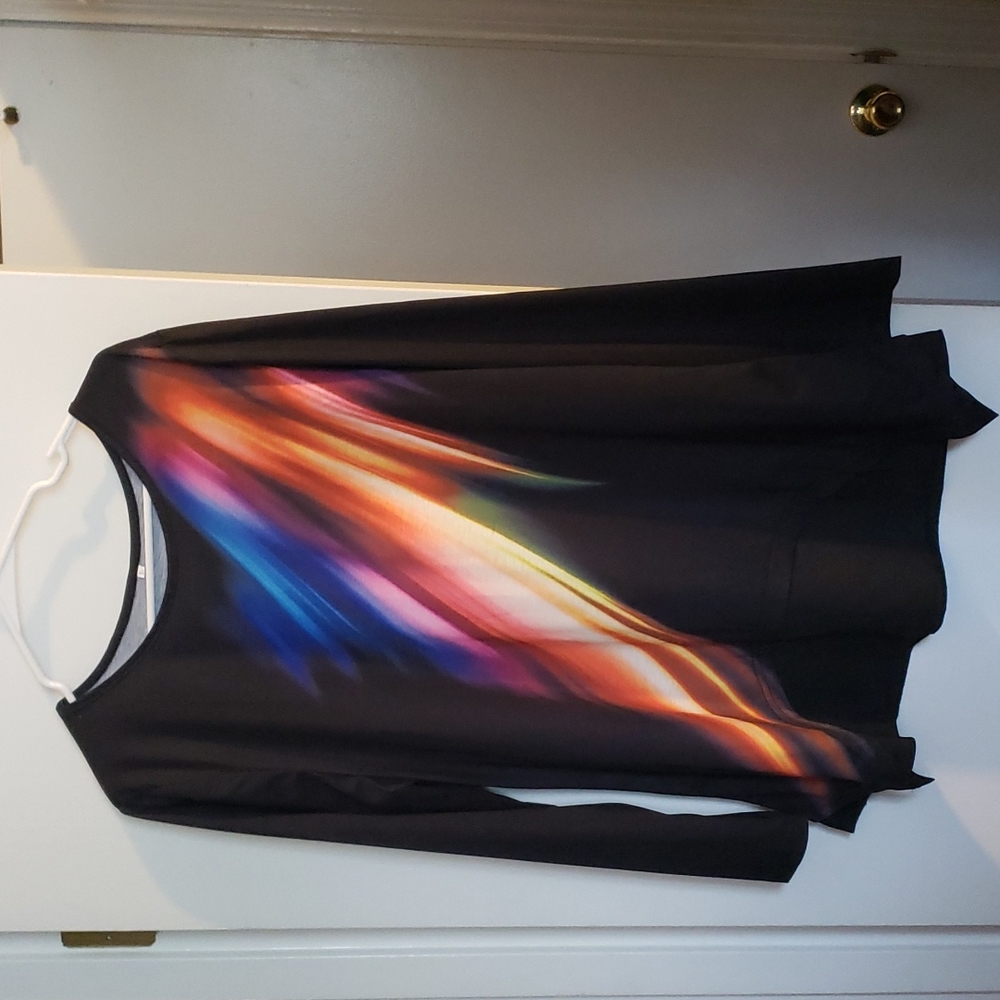 Black tunic top with colorful rainbow swish on front and back